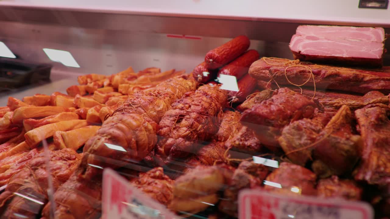 肉店各种肉类产品的展示窗口。视频下载