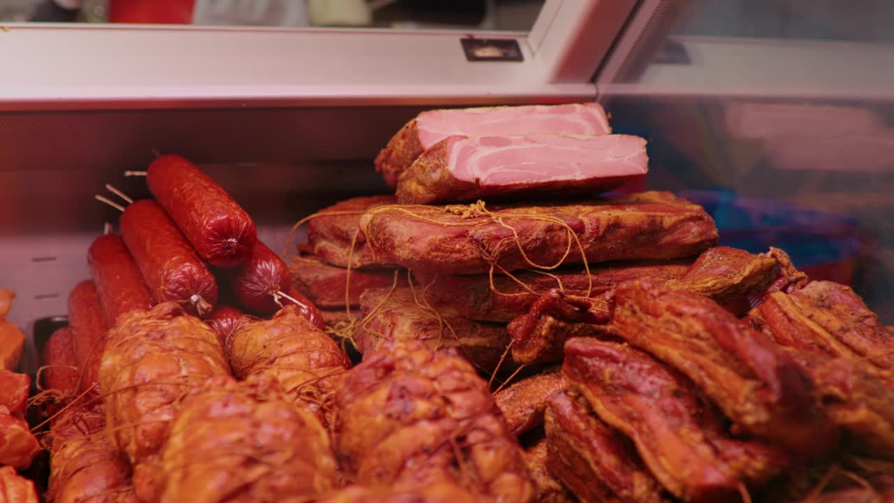 肉铺柜台上的新鲜熏香肠和火腿。视频下载
