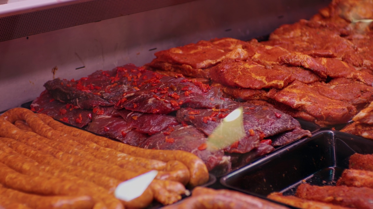 各种各样的香肠和准备煮的肉。视频下载