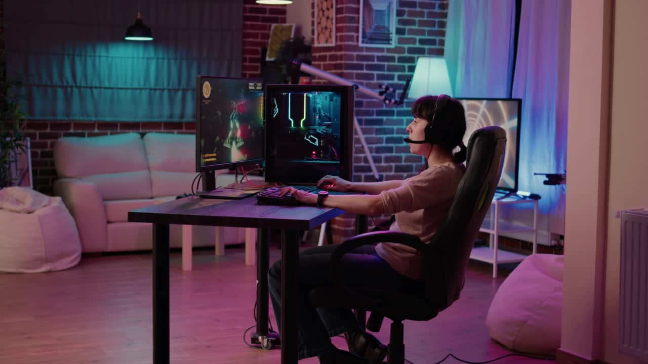 玩家女孩庆祝胜利的动作空间模拟游戏，而男友正在玩虚拟现实第一人称射击游戏视频下载