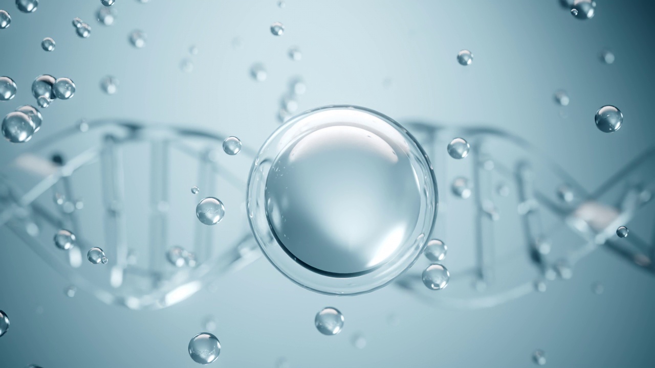 水泡沫，化妆品精华，液体滴在DNA科学背景，3d动画。视频下载
