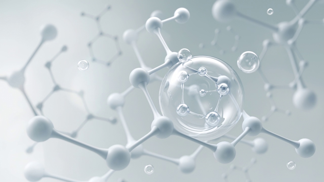 分子里面的泡沫，化妆品精华，液体滴在科学背景，3d动画。视频素材