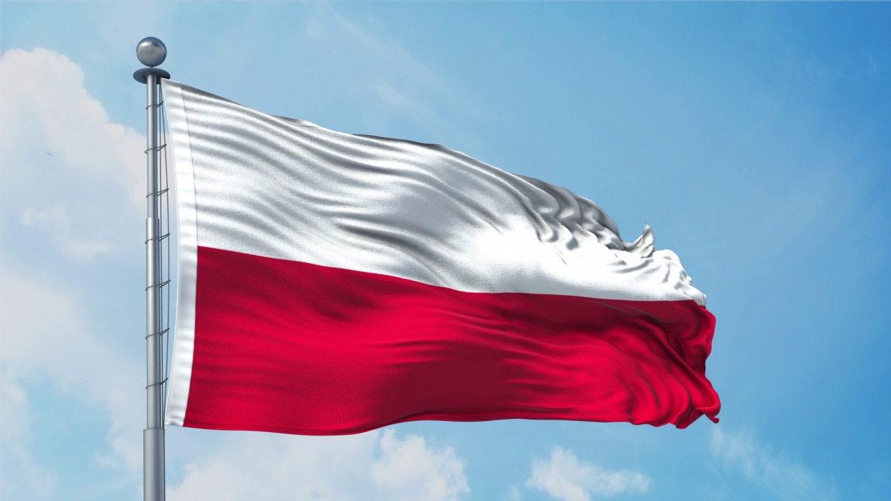 波兰国旗环。现实的4 k。波兰国旗30帧。波兰国旗在风中飘扬。无缝环与高度细致的织物质地。循环准备在4k分辨率视频素材