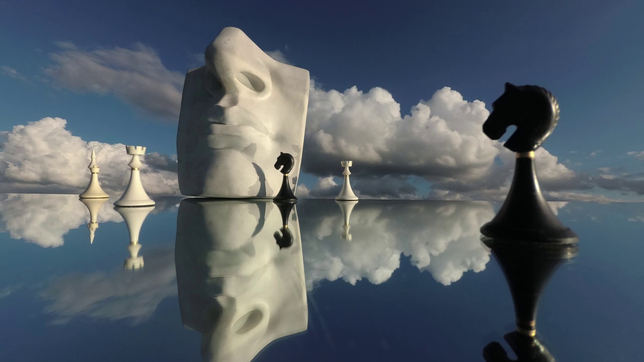 白色的石膏头碎片，棋子在镜子和云的运动，时间流逝视频下载