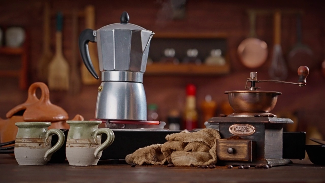 用间歇泉咖啡机煮咖啡的过程。视频下载