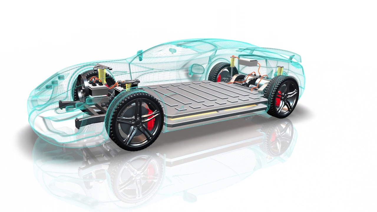 配备锂电池组的通用电动汽车。线框的身体。视频素材