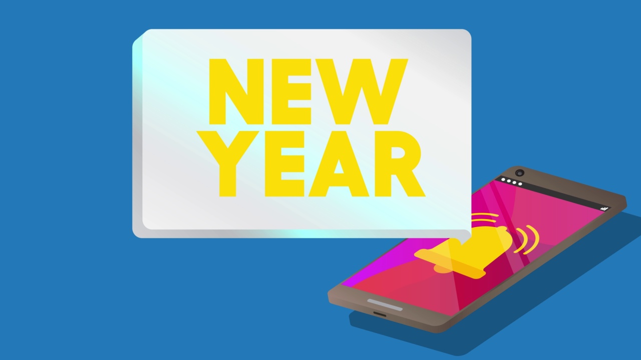 新年快乐的文字通知气泡从便携式信息设备的屏幕。视频素材