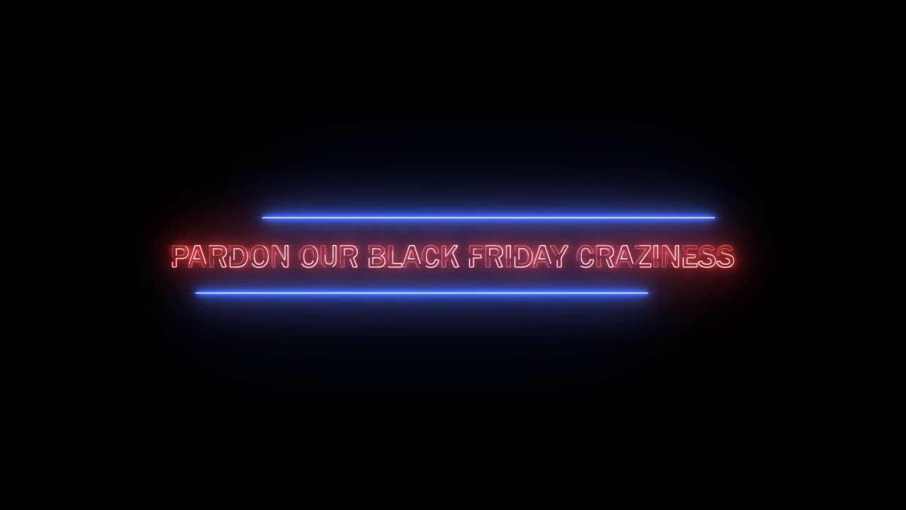 原谅我们黑色星期五的疯狂，有趣的铭文，闪烁的霓虹灯标志零售广告动画，黑色背景的网上购物标志。高质量的全高清镜头与alpha通道视频下载