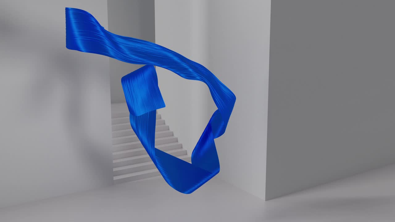 3D渲染的亮蓝色丝带悬浮在白色的房间里视频下载