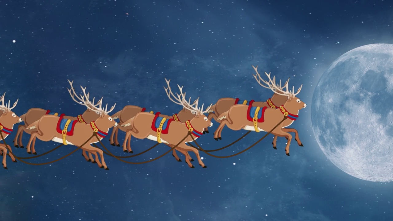 圣诞老人和他的驯鹿在满月。你可以把你自己的文字或标志放在视频的结尾。圣诞快乐，新年，礼盒，月亮，问候，节日，插图，视频下载