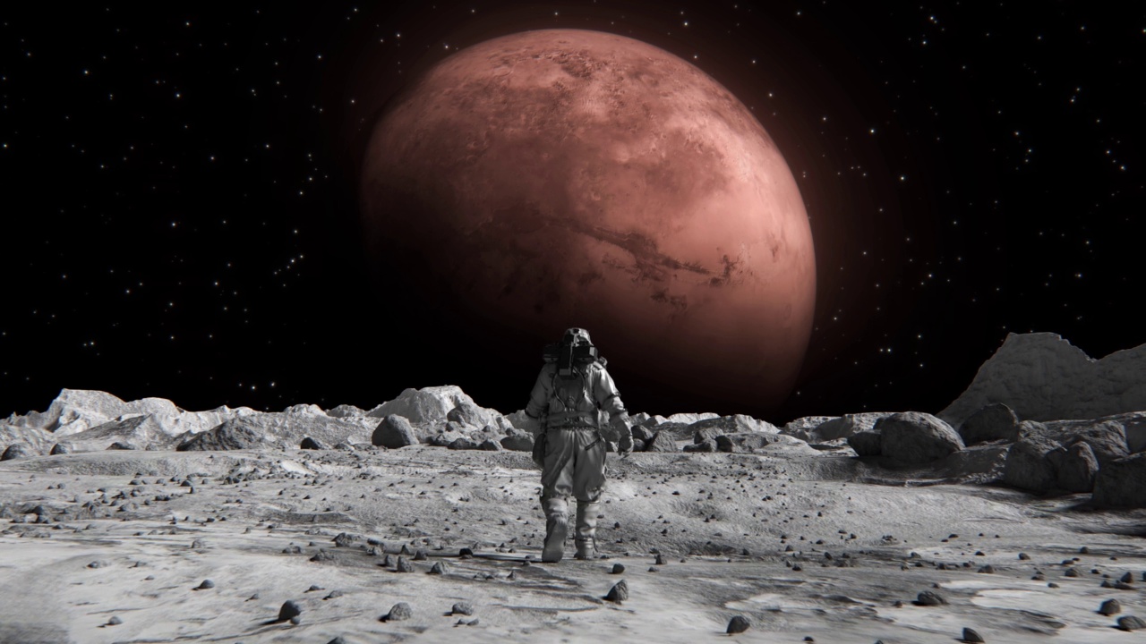 一名勇敢的宇航员穿着宇航服，自信地在月球上走向火星视频下载