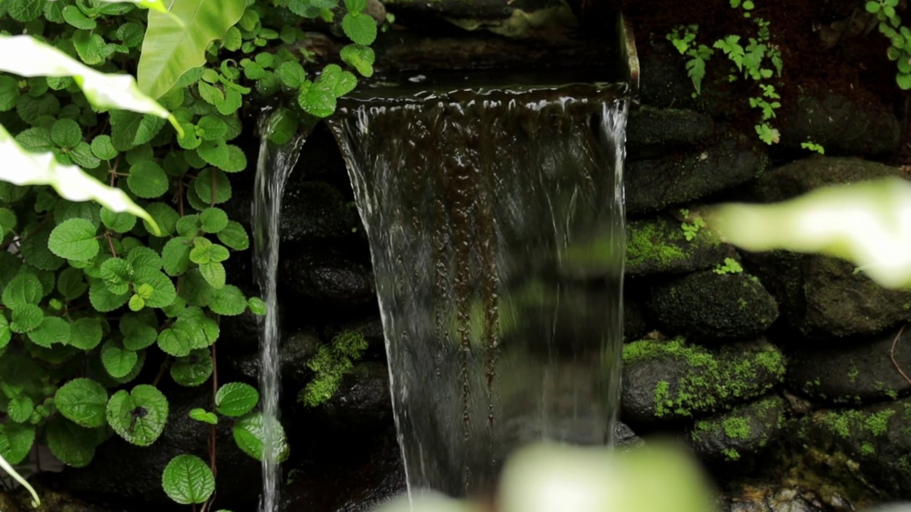 美丽的照片，平静的瀑布溪流覆盖着苔藓的岩石视频素材