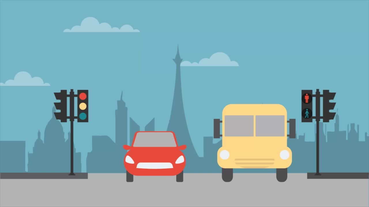 一辆小汽车和一辆校车在马路上的红绿灯下等待的2D动画视频下载