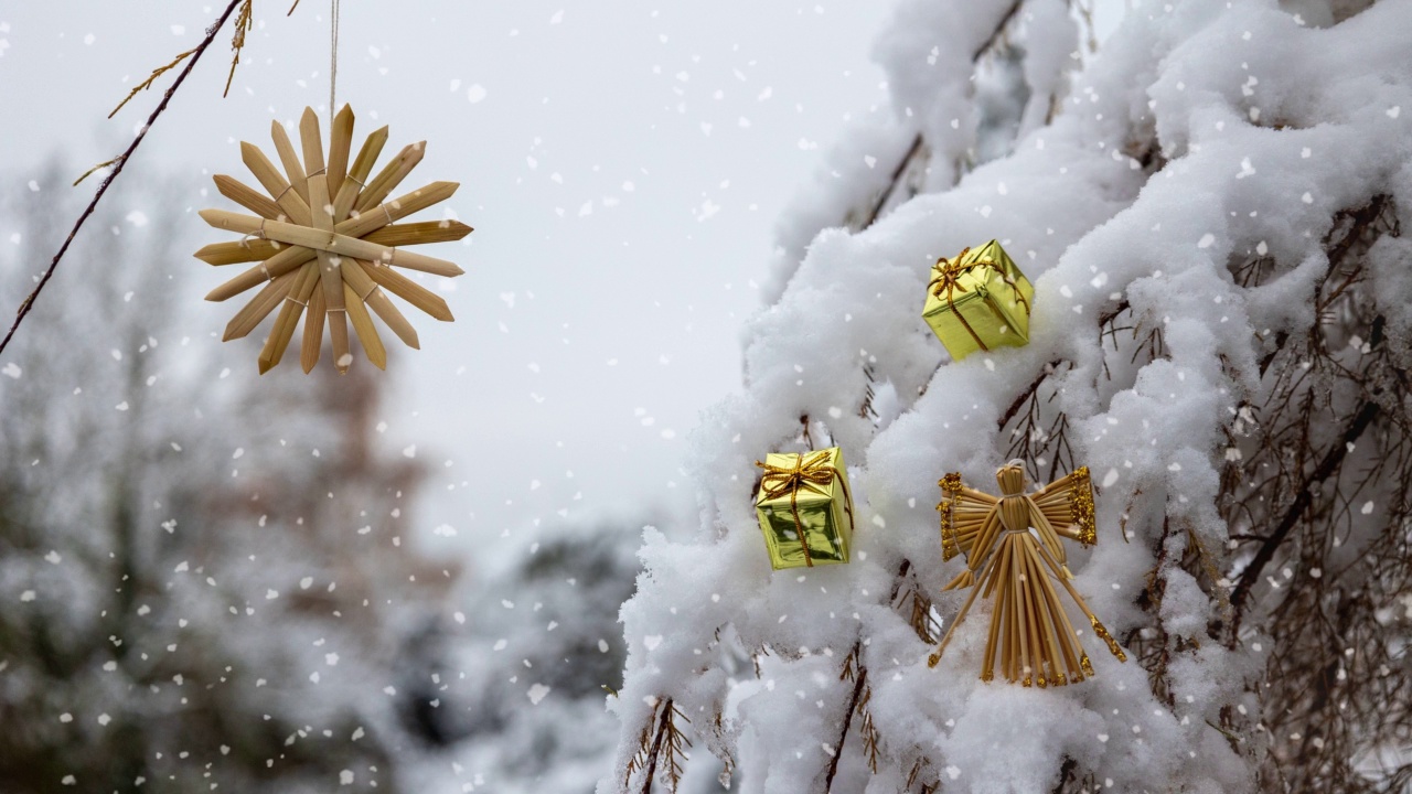 雪地里的树枝上挂着稻草星星和天使视频下载