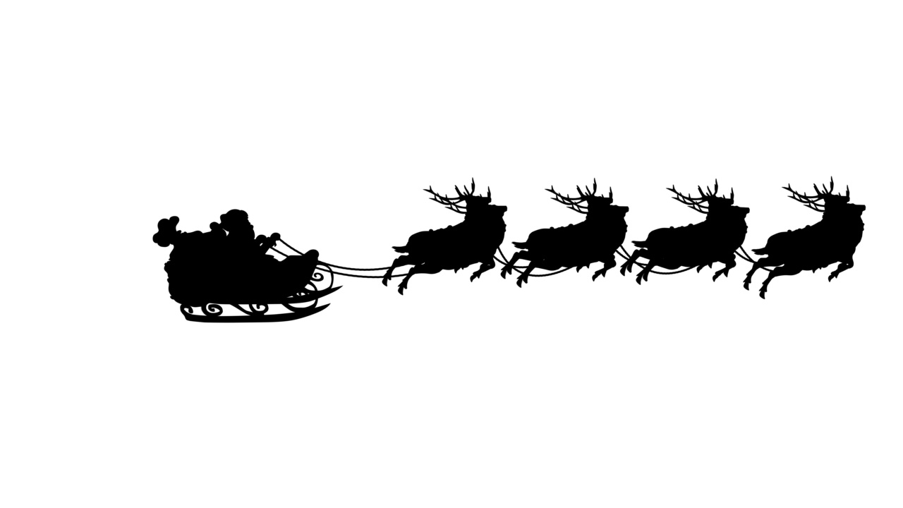 圣诞老人和驯鹿的剪影。新年快乐的概念，礼盒，月亮，问候，动物雪橇，鹿，节日，贺卡，人物动画，童话，插图，色度键，雪橇，剪影，圣诞快乐，孤立视频下载