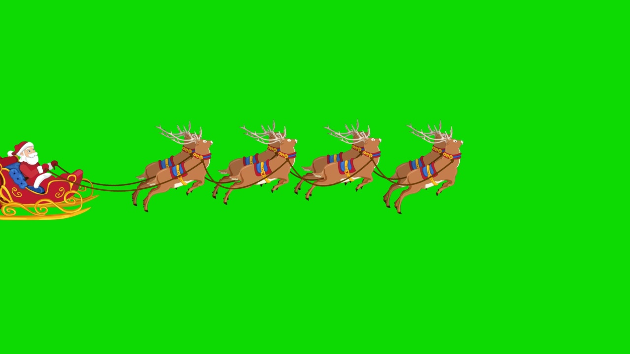 绿色屏幕上的圣诞老人和驯鹿。新年快乐的概念，礼盒，月亮，问候，动物雪橇，鹿，节日，贺卡，人物动画，童话，插图，色度键，雪橇，剪影，圣诞快乐，孤立视频下载
