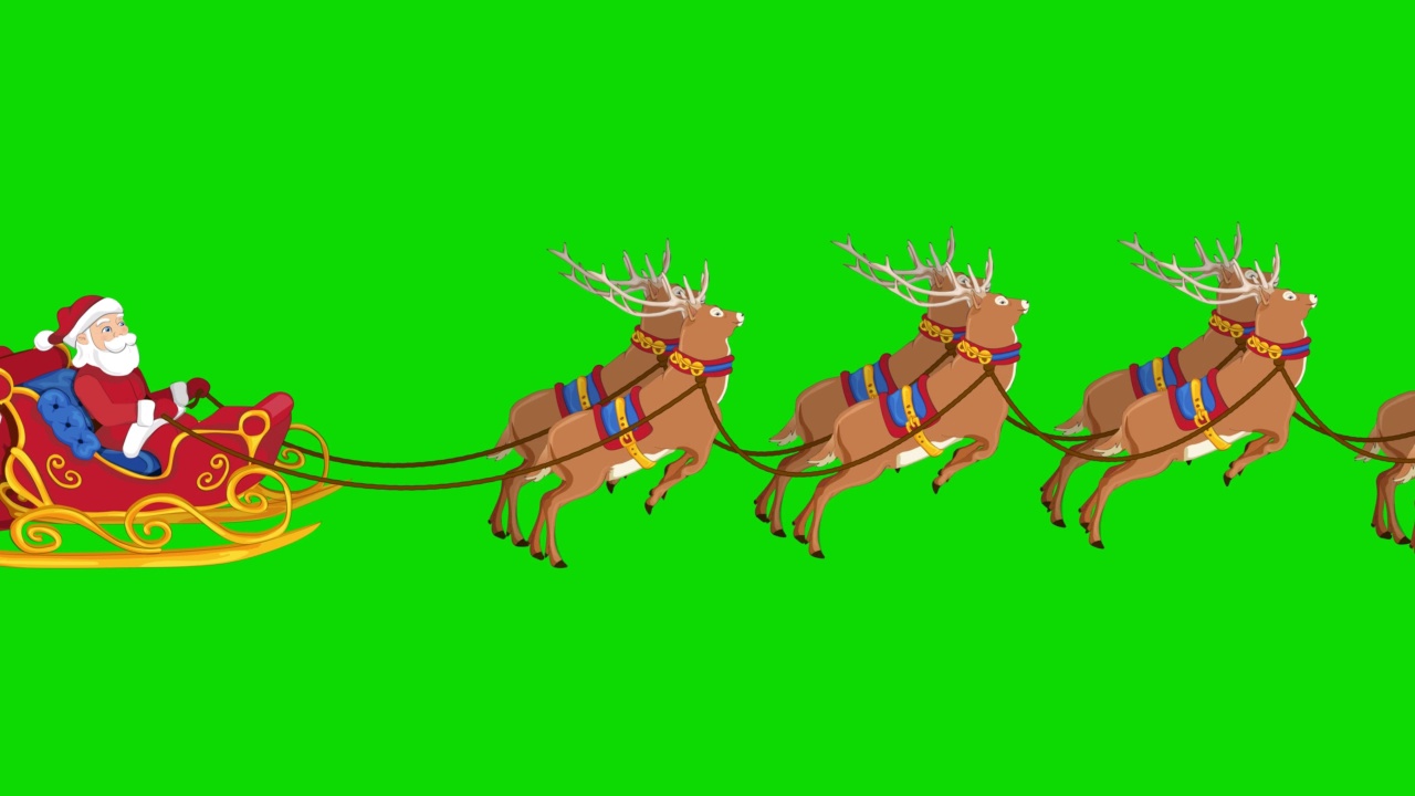 绿色屏幕上的圣诞老人和驯鹿。新年快乐的概念，礼盒，月亮，问候，动物雪橇，鹿，节日，贺卡，人物动画，童话，插图，色度键，雪橇，剪影，圣诞快乐，孤立视频下载