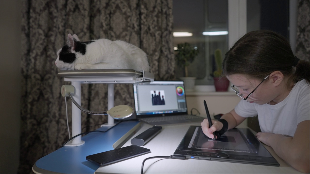 女孩在图形显示器上画画，猫在旁边休息。视频下载