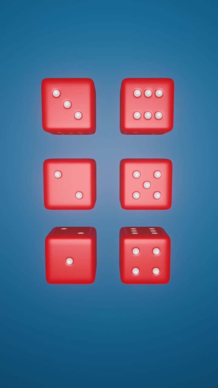 动画六个滚动游戏骰子孤立在蓝色背景上视频素材