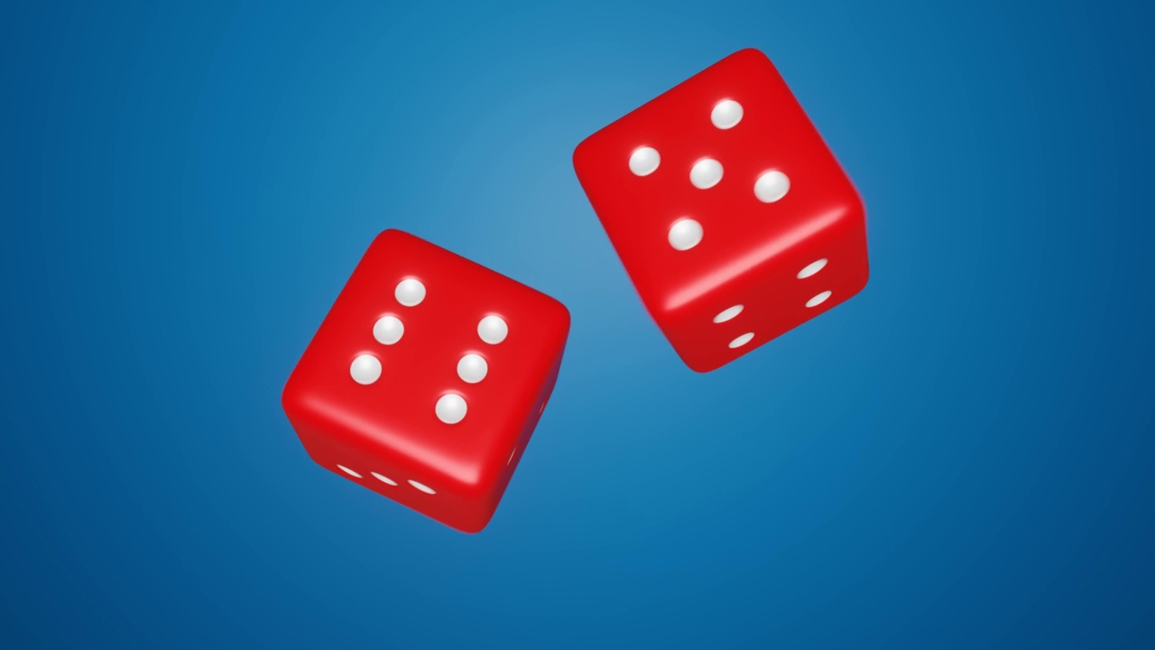 两个滚动的游戏骰子孤立在蓝色背景上的动画视频下载