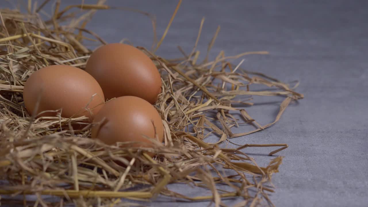 鸡蛋滚在餐桌上，鸡蛋组在稻草里。视频素材