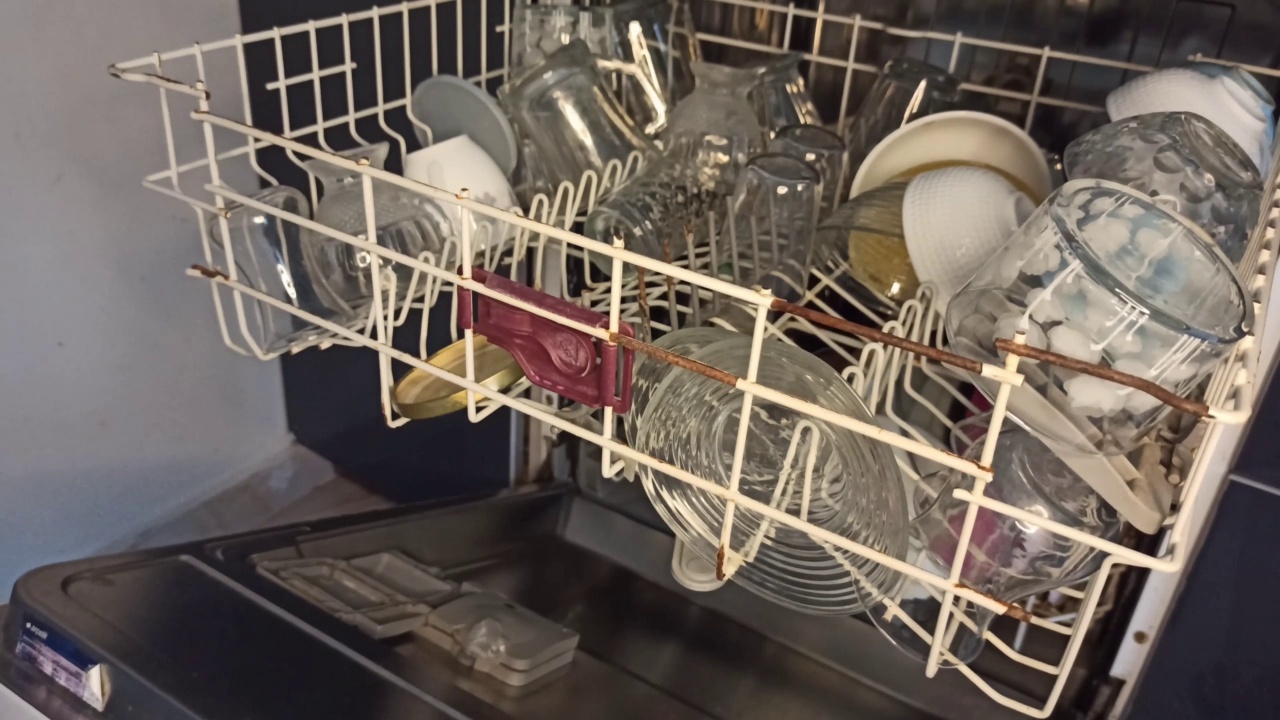 七月在厨房用旧洗碗机清洗盘子视频下载
