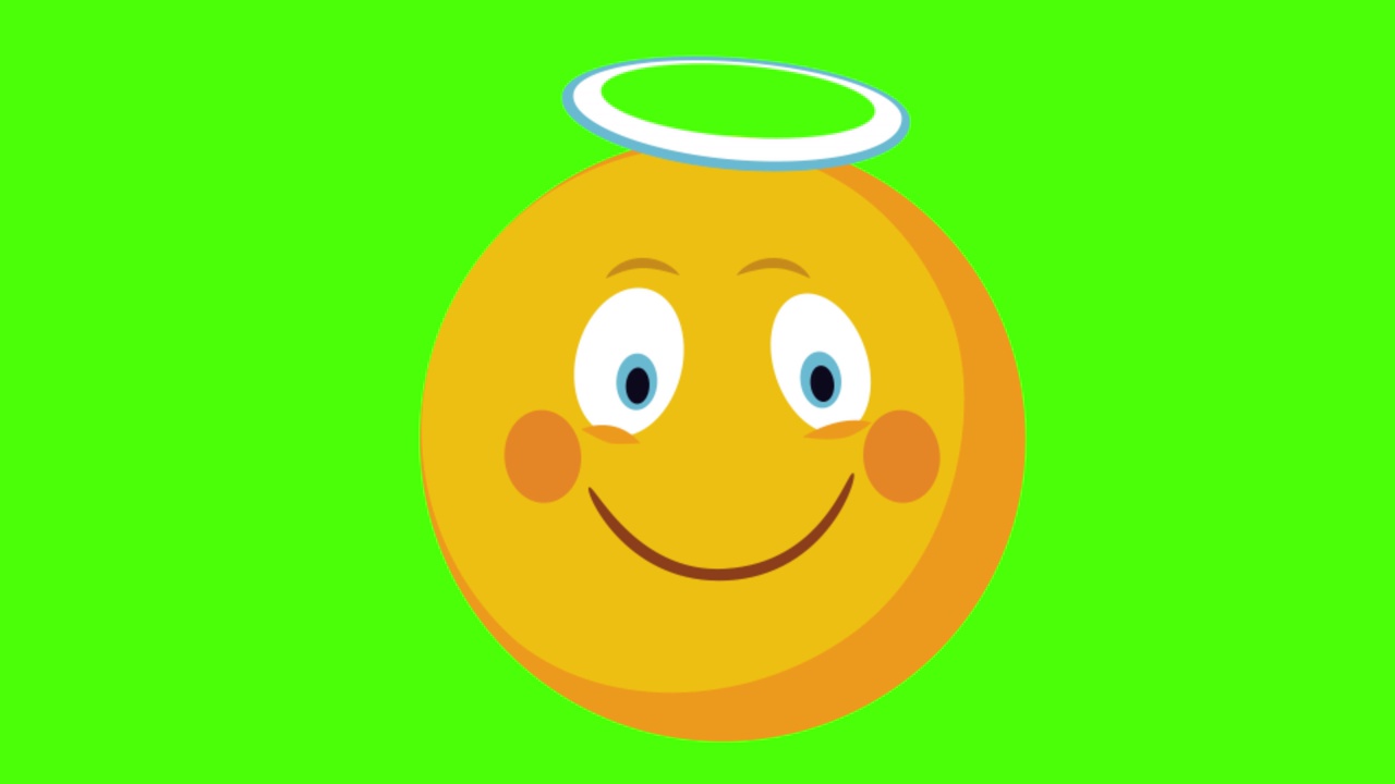 4K 3D动画的黄色圆形脸与天使光轮微笑在绿色背景视频下载