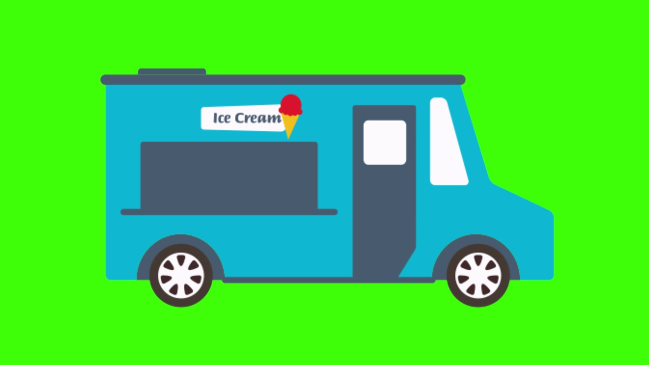 彩色的简单动画的蓝色冰淇淋车孤立在一个绿色的4K屏幕上视频素材