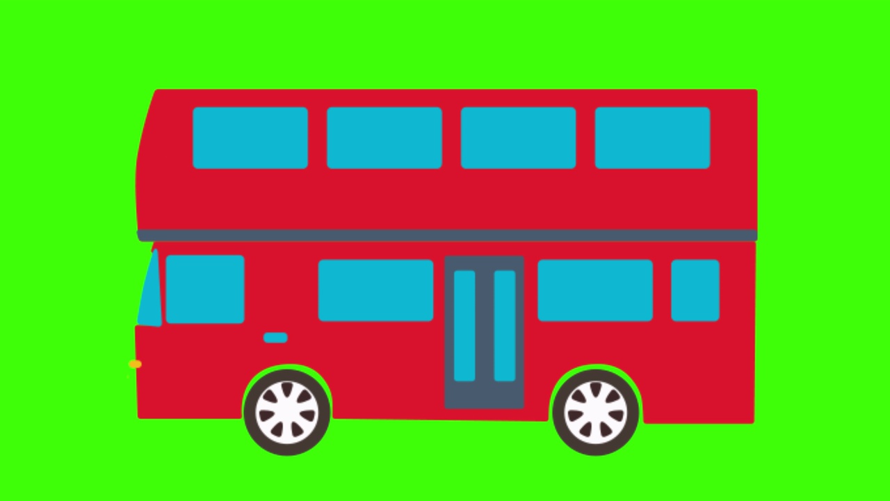 一辆红色双层巴士被隔离在绿色屏幕上的彩色简单动画在4K视频素材