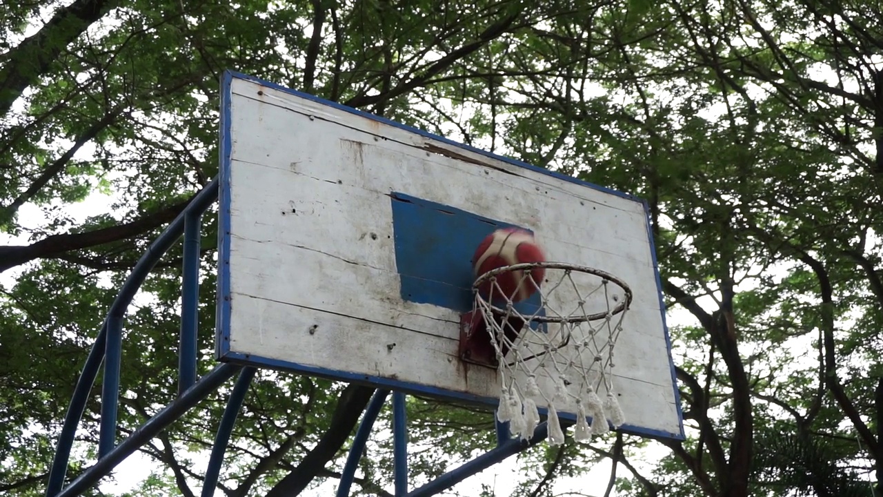 篮球投进篮筐。成功的篮球投掷。篮球击中篮筐视频素材