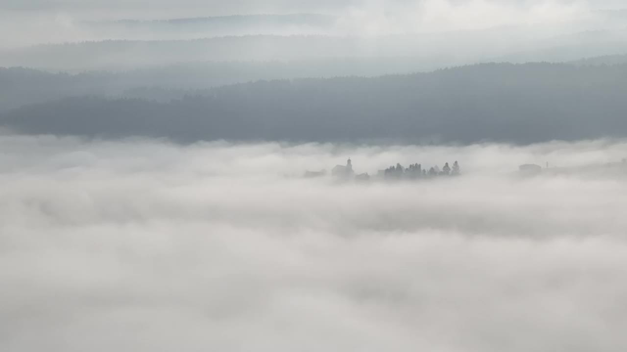 在一个美丽的早晨，无人机拍摄的薄雾吹过松树林的画面。山上云杉树林的航拍镜头。复制空间自然背景。视频素材
