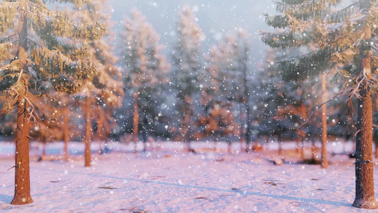圣诞场景。美丽的冬季景色和飘落的雪花。视频素材