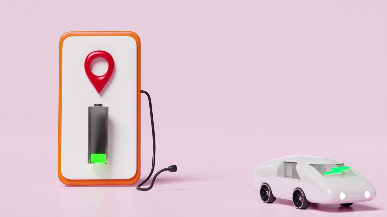 3d电动汽车充电站应用与智能手机，别针手机充电隔离在粉红色背景。电池充电指示灯，3d动画视频下载