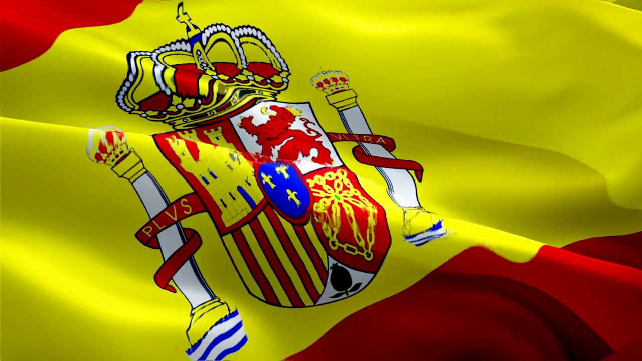 西班牙国旗。西班牙国旗飘扬。标志西班牙无缝循环动画。西班牙国旗高清背景。西班牙国旗特写1080p视频演示巴塞罗那度假加那利，马德里视频下载