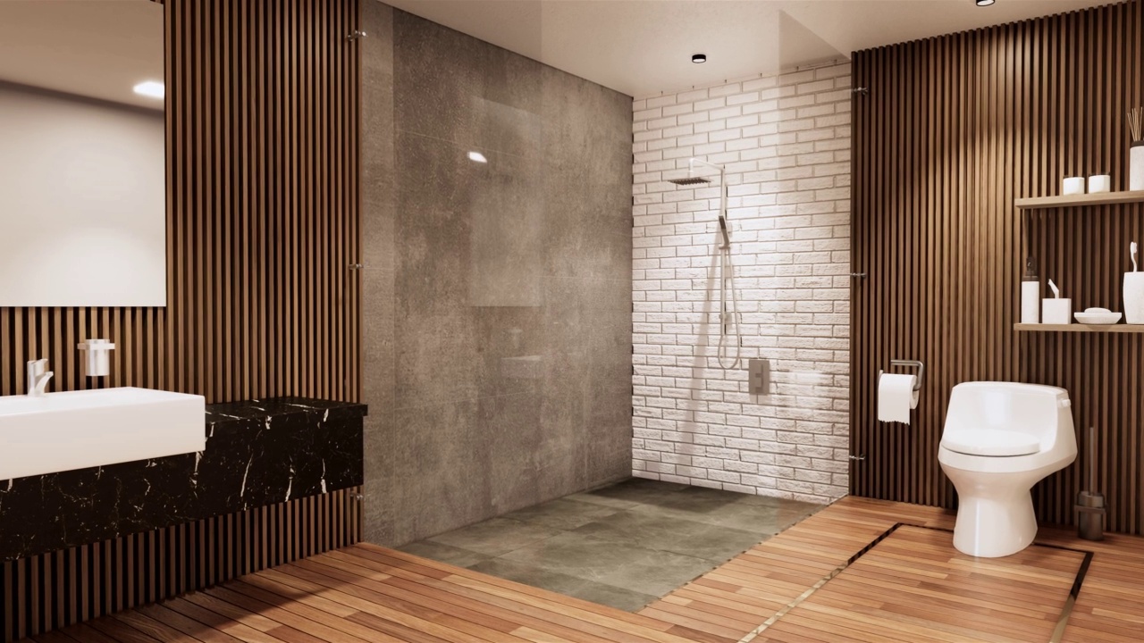 卫生间瓷砖黑白墙设计，房间现代感十足。3D插画渲染视频下载