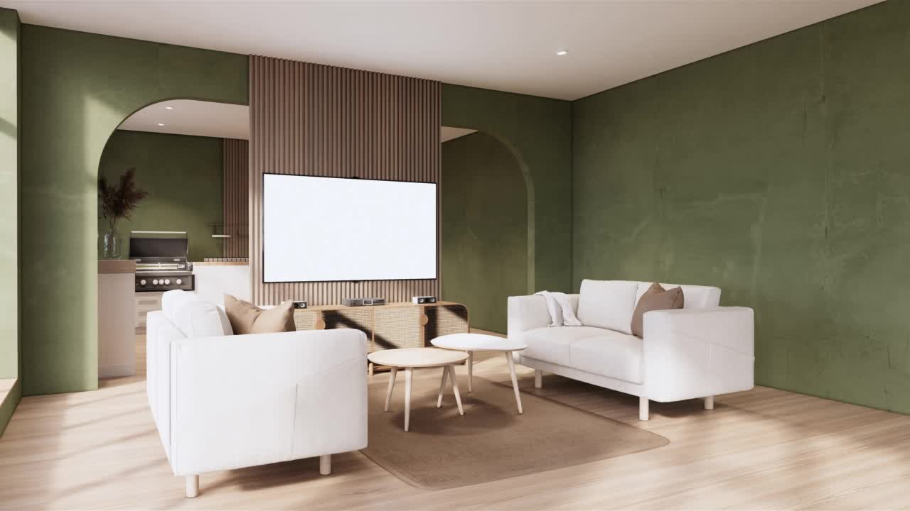 橱柜上的绿色房间内饰木质和沙发扶手椅和日式装饰风格。三维渲染视频下载