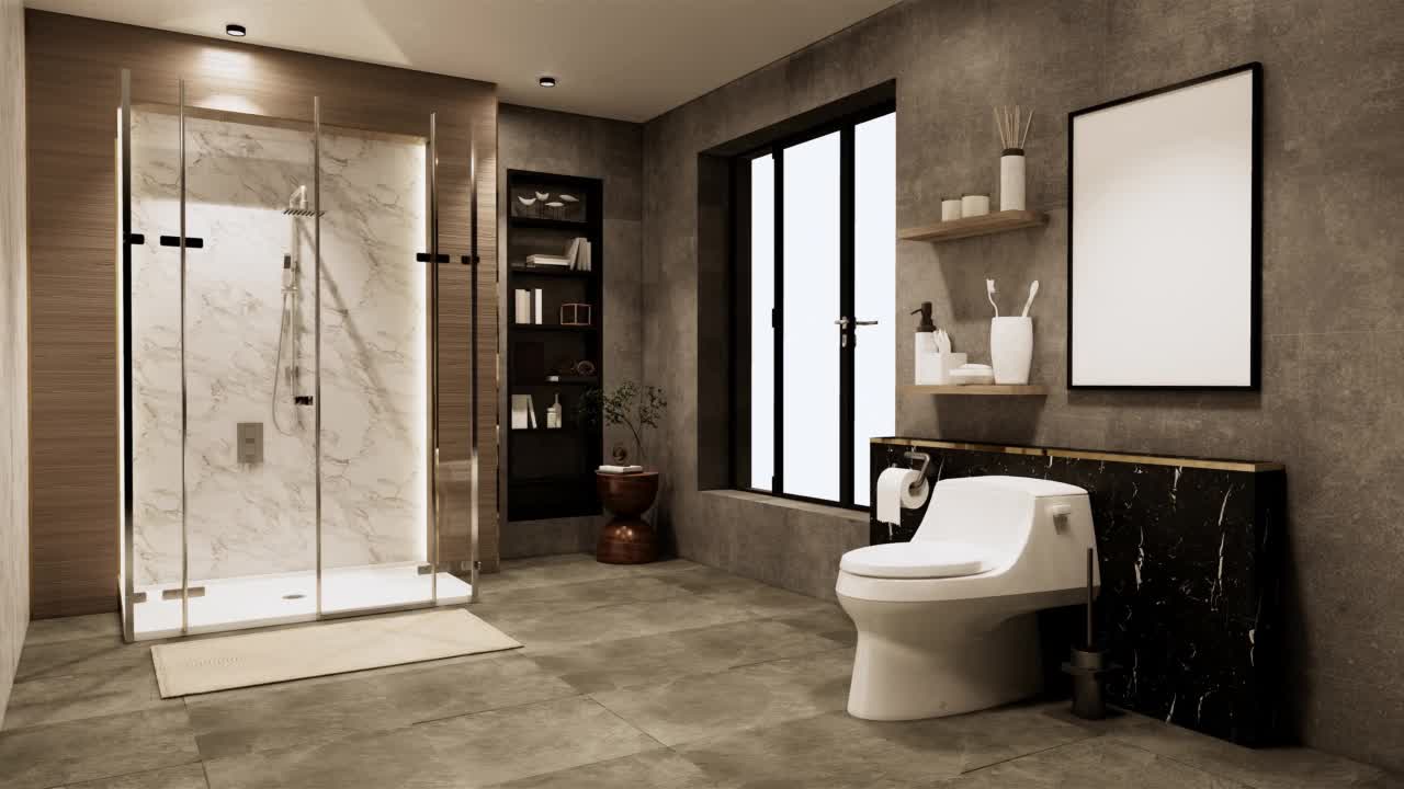 卫生间瓷砖黑白墙设计，房间现代感十足。3D插画渲染视频下载