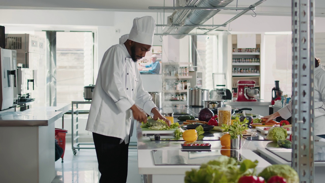 非裔美国厨师在砧板上切新鲜芹菜视频下载