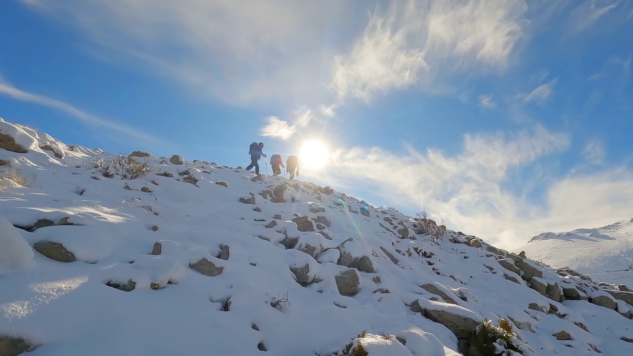 成功的登山队正在冬天的雪山山顶的山脊上排成一行视频素材
