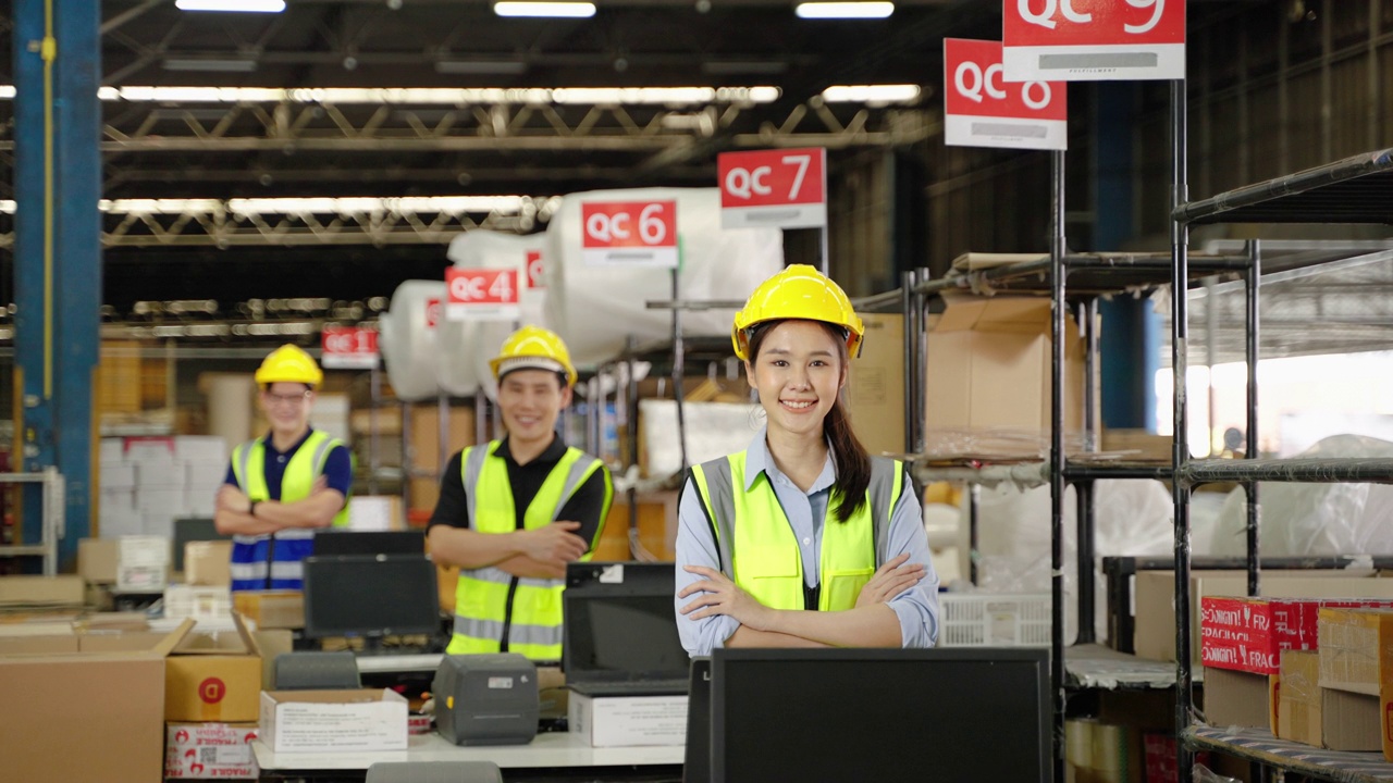 亚洲仓库工人在配送中心的包装点自信地交叉双臂站立，团队合作，仓库，配送，物流视频下载