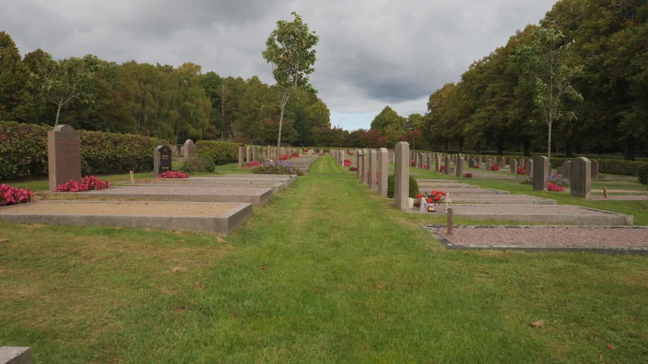 成排的坟墓与鲜花在墓地，悲伤的场景，低向后多利视频下载