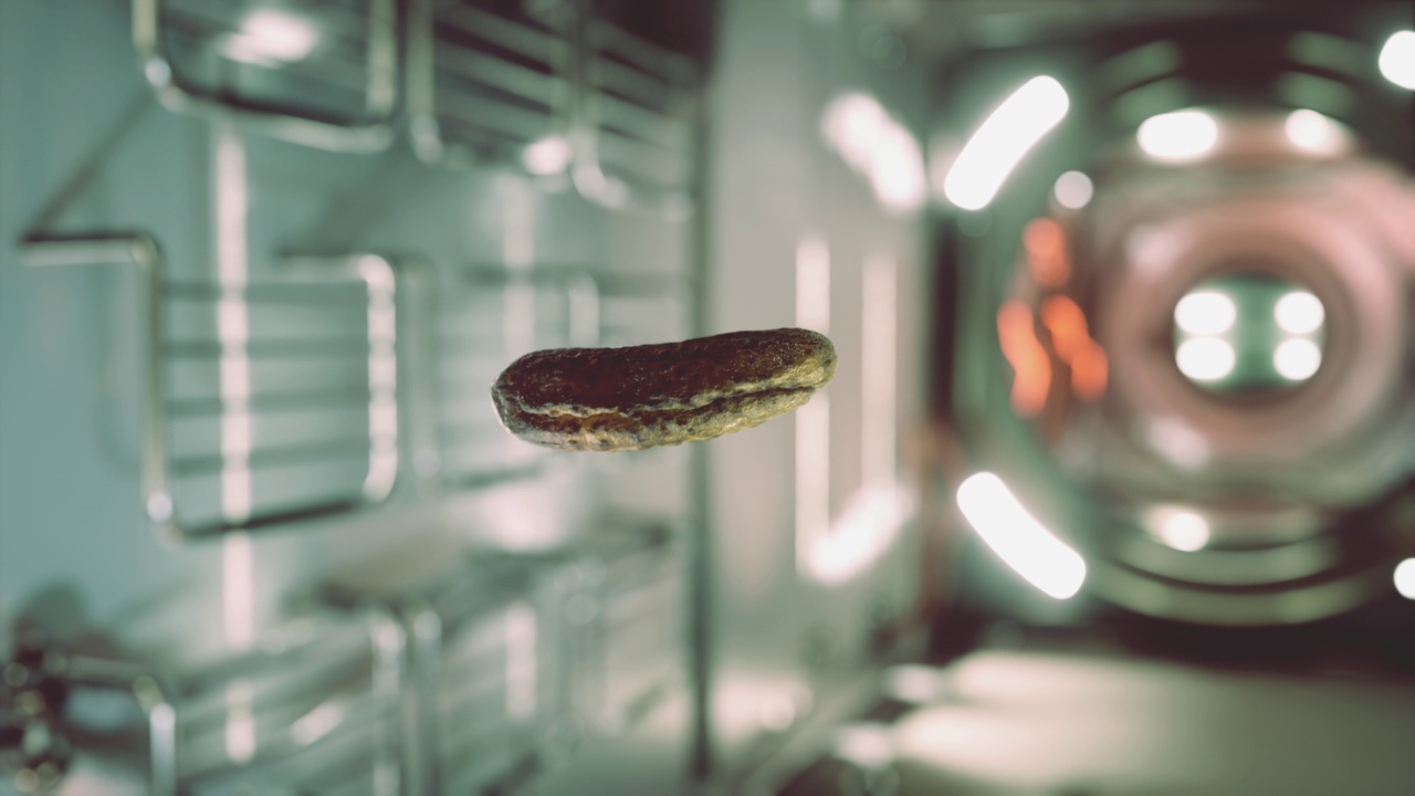 腌黄瓜漂浮在国际空间站视频素材