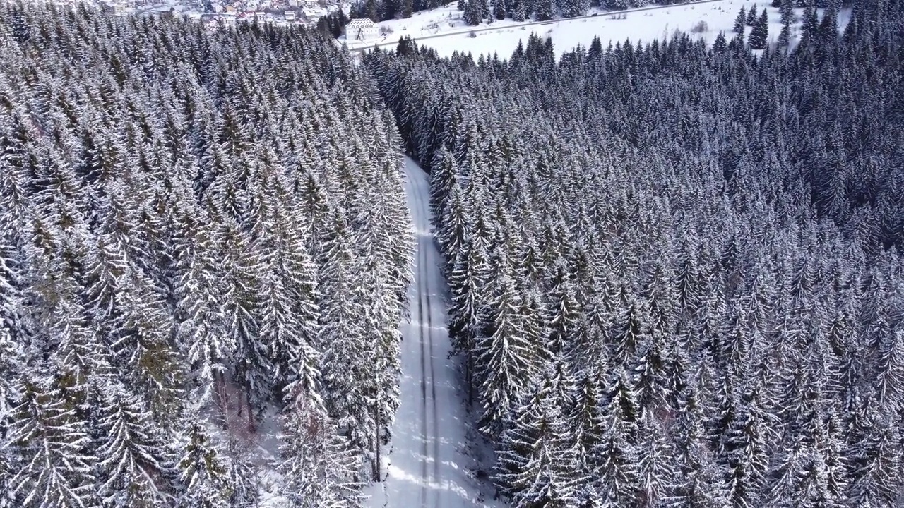 鸟瞰雪林与冬季山路。视频素材