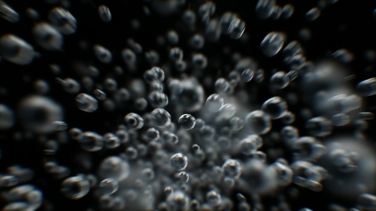美丽的无缝水下气泡云移动通过孤立的特写在黑白背景上循环3d动画。快速流动的水气泡质量。视频下载