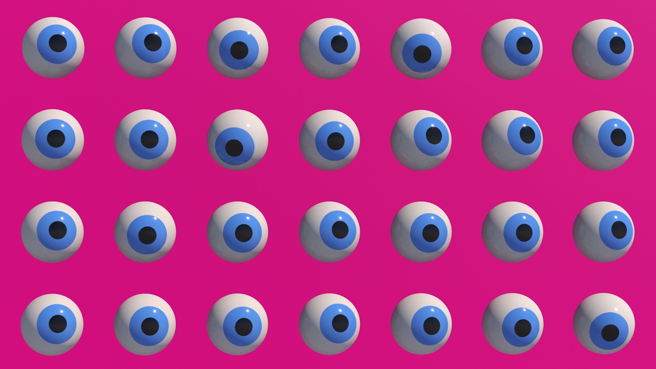 一群眼球。粉红色的背景。抽象动画，3d渲染。视频下载