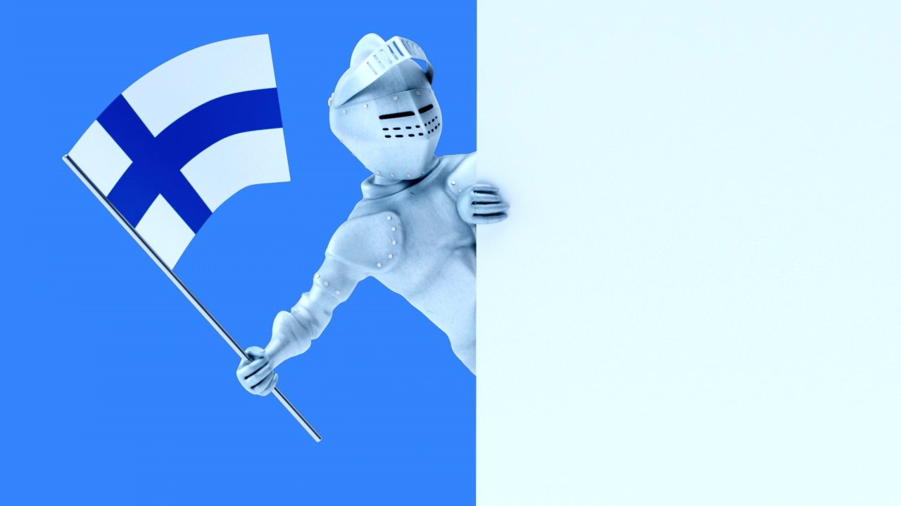 有趣的3D卡通骑士与芬兰国旗(包括alpha频道)视频下载