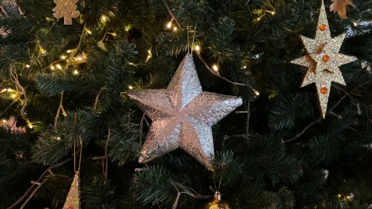 有装饰和照明的圣诞树。圣诞假期和新年晚会。闪烁的灯泡，家庭度假的花环。节日的心情。视频下载