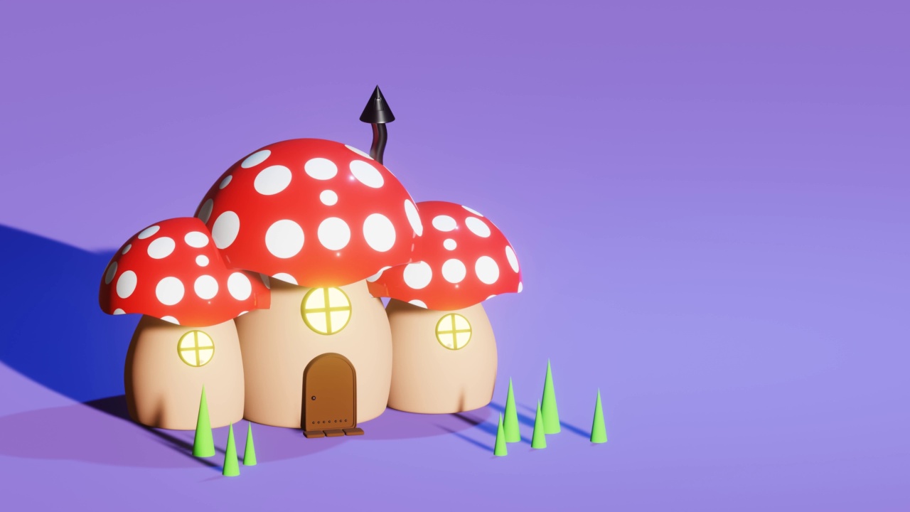 垂直3D渲染平移动画的一个小红色蘑菇屋在紫色的背景视频素材
