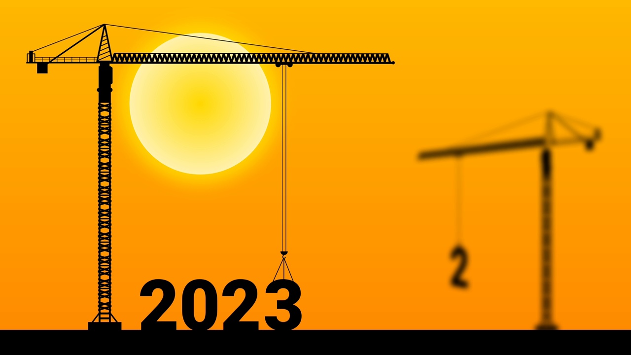 2023镜头动画在日出时间与模糊起重机与2022。视频下载