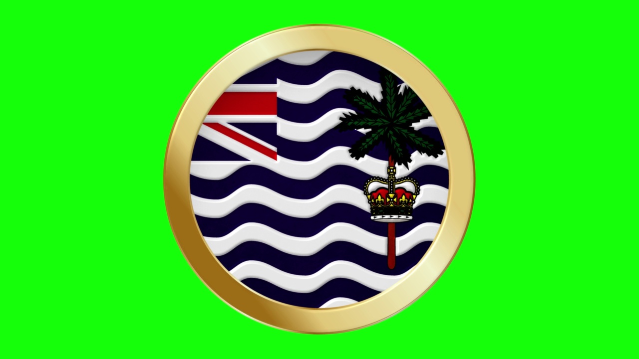 英属印度洋领土专员弹出式金色金属环圆形国旗动画背景隔离绿色屏幕背景可循环股票视频视频下载